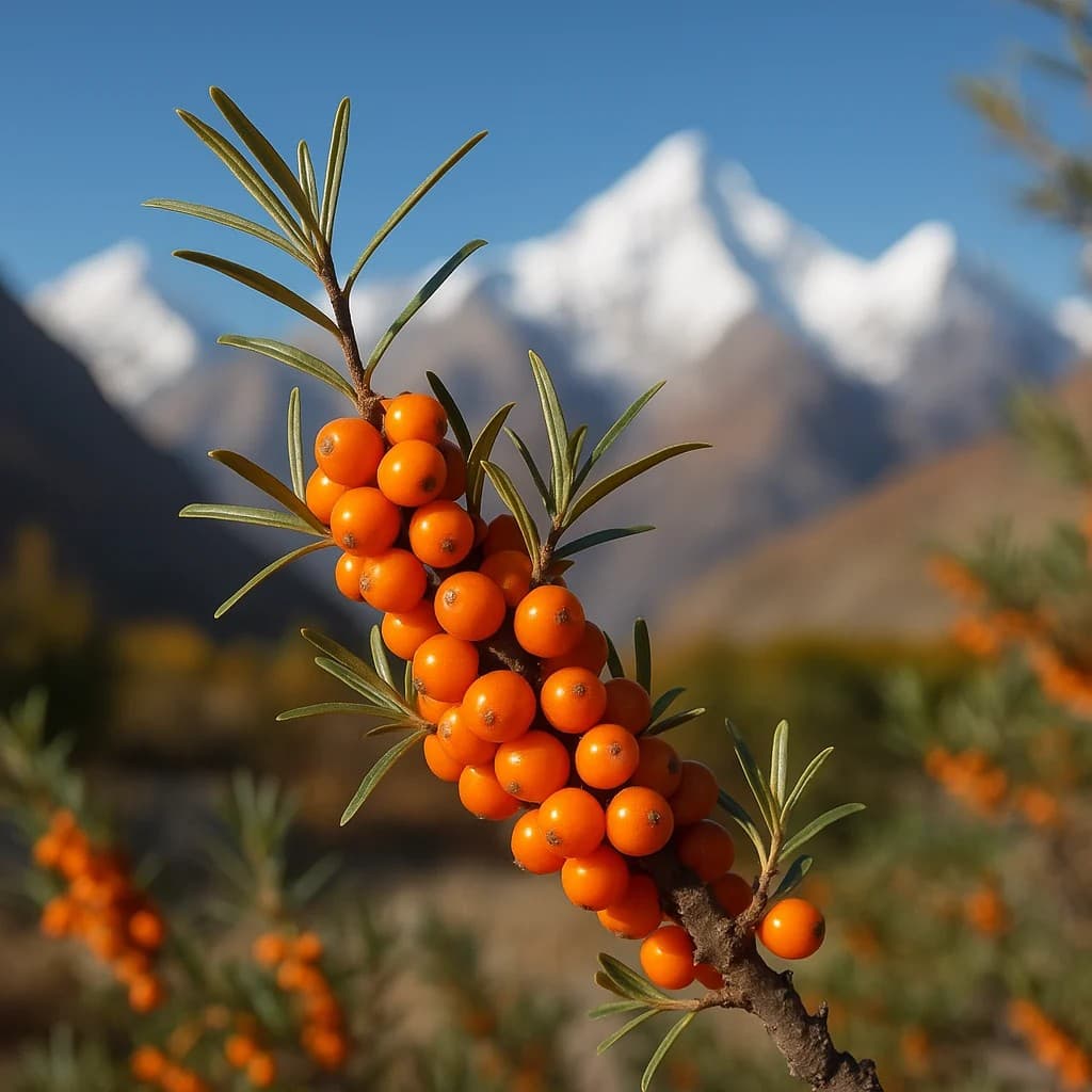 Sea buckthorn berries growing in the Himalayas